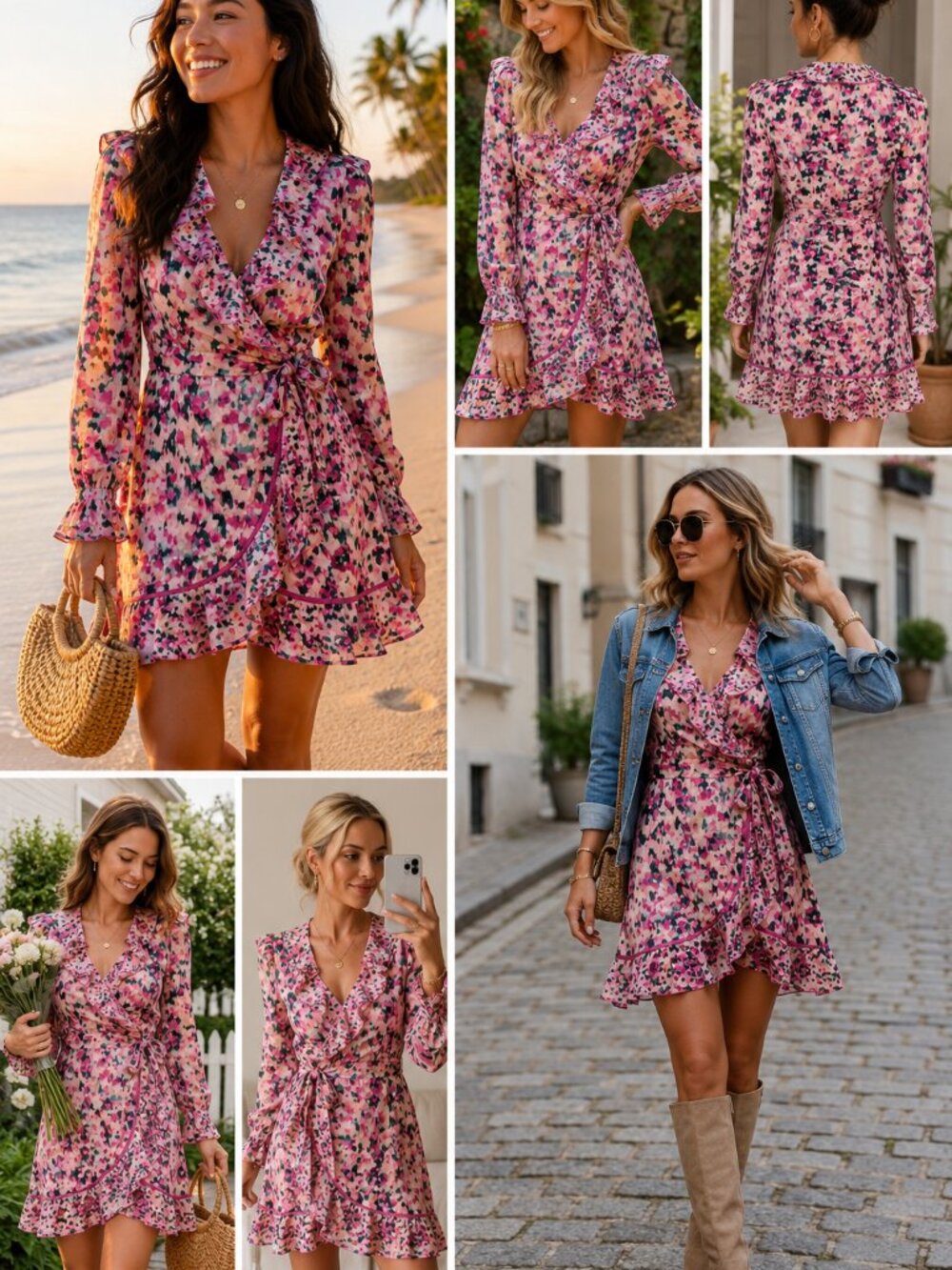 Rococo Sand Pink Floral Ruffle Wrap Mini Dress Cotton Long Sleeve Medium‎